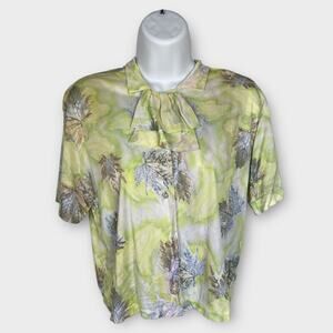 Vintage Leaf Print Secretary Blouse Green Nylon Retro Top 40